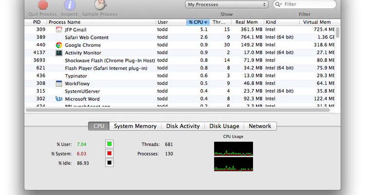 O "Monitor de Atividades" mostra tudo o que está atualmente em execução no seu Mac