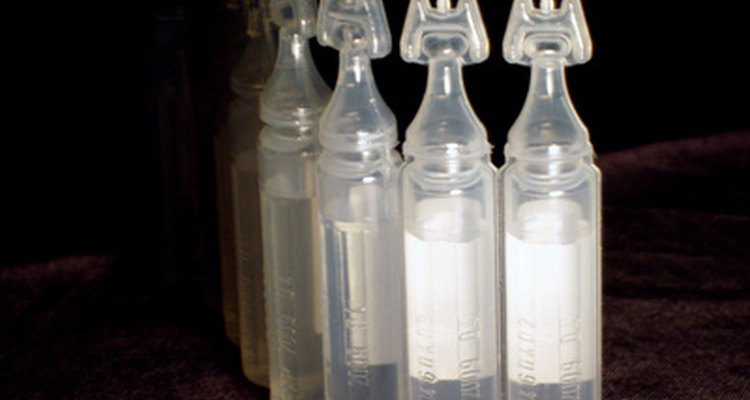 Saline solution packaed in small vials are used to dilute medication.