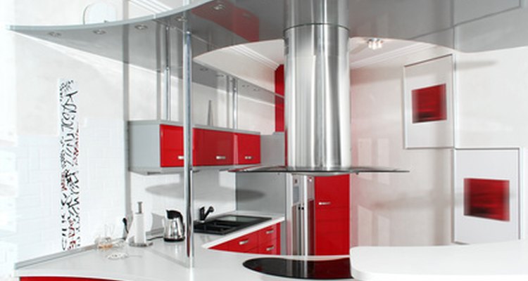Red and white create cheery moods in kitchens.