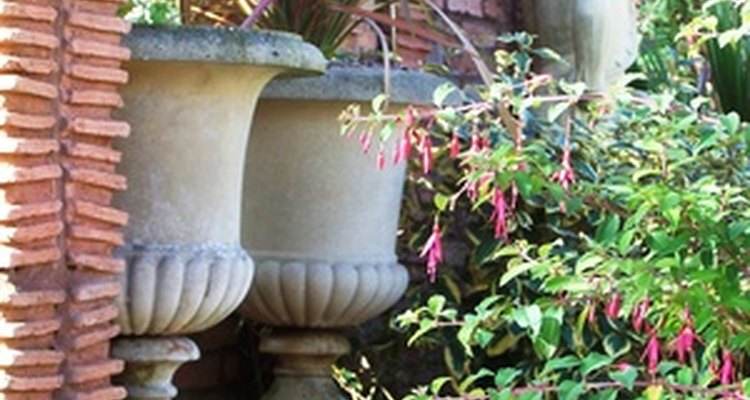 Grecian urns and climbing vines add a Mediterranean touch to your garden.