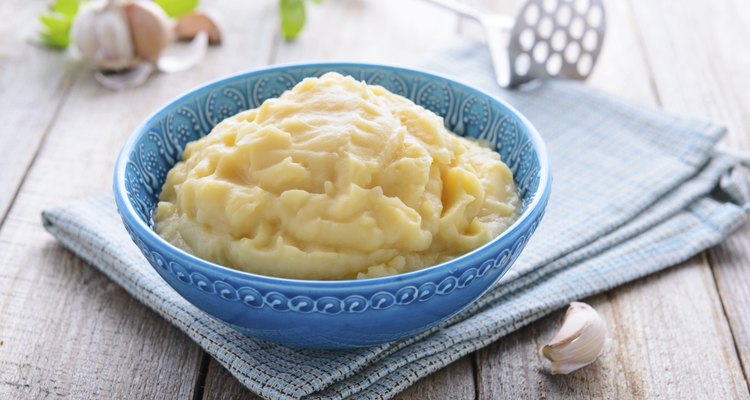 Mashed potatoes in blue bowl