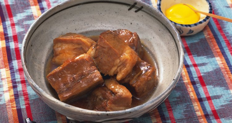 Pork cooked in soy sauce, high angle view