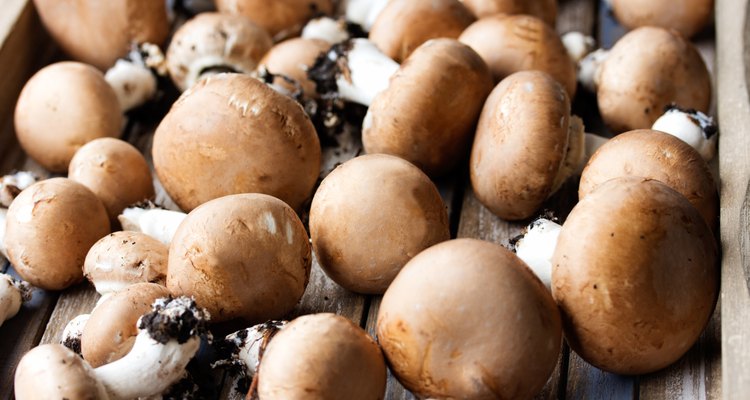 Portobello mushrooms on rustic wooden desk.