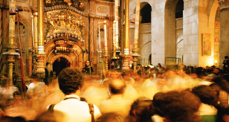 People sitting at Palm Sunday Service in church, Israel