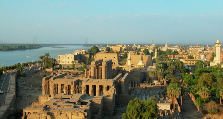 High angle view of a city on the banks of a river, Nile River, Luxor, Egypt