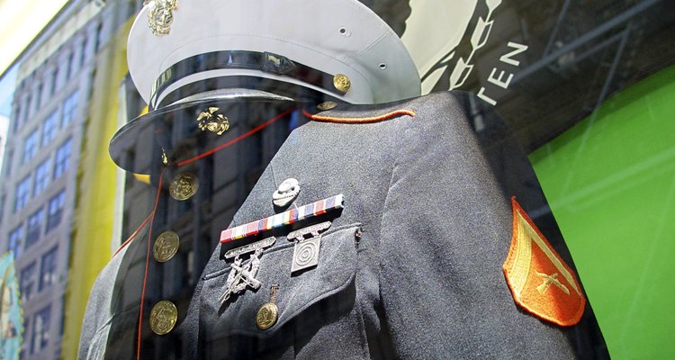A uniform for the USMC in a store window display.