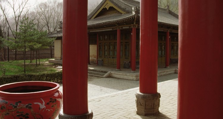 Chinese architecture uses wing roofs and makes heavy use of the colour red.