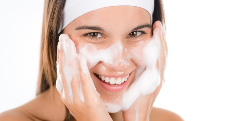 Teenager problem skin care - woman wash face