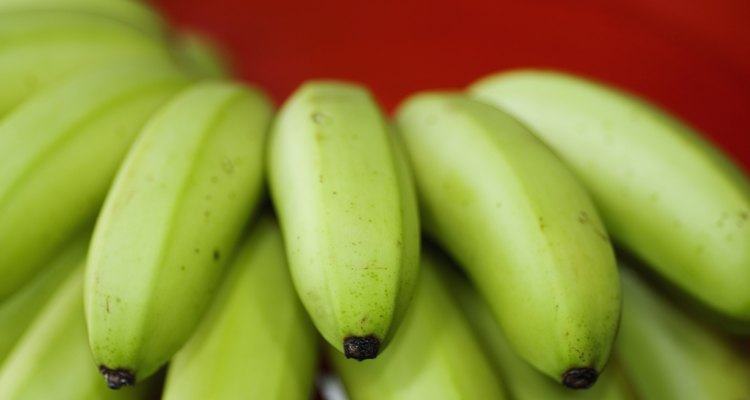 Close-up of green bananas with a red background.