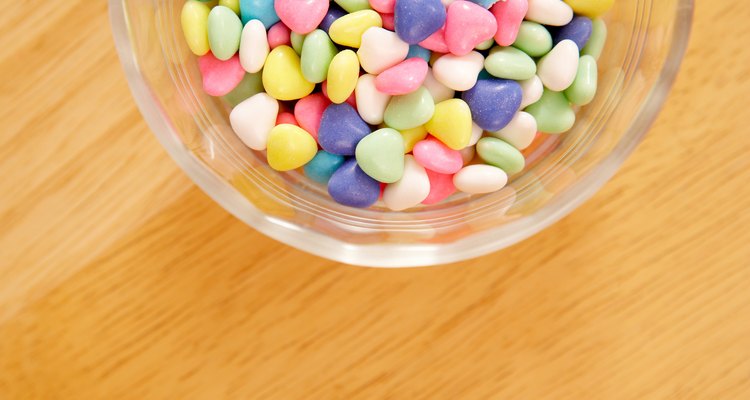 High angle view of bowl of colorful candies