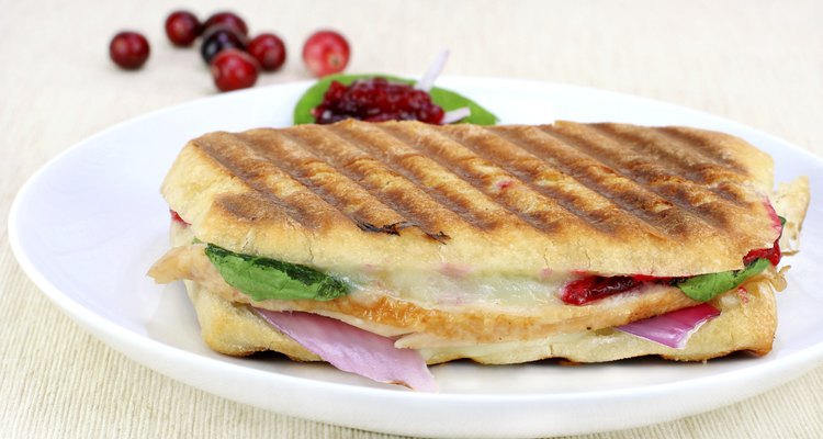 Panini sandwich of fresh turkey, spinach, melted cheese and cranberries