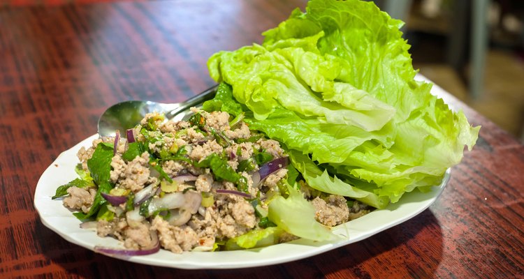 Popular Thai dish of ground pork and lettuce leaf wrap