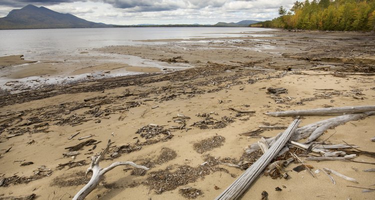 Low water makes a wide beach at Flagstaff Lake, Maine.