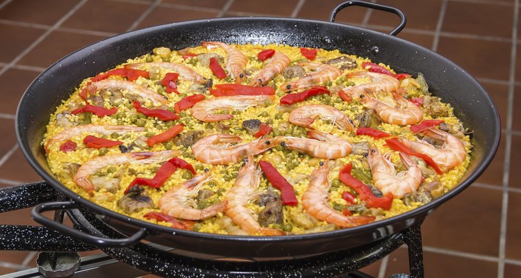 Detail of traditional spanish paella cooked in a pan