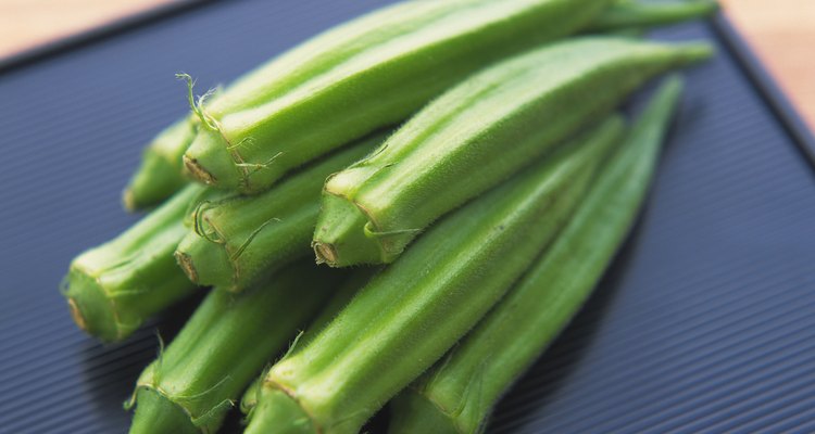 Closed Up Image of Several Okras On a Black, Square Plate, High Angle View, Differential Focus