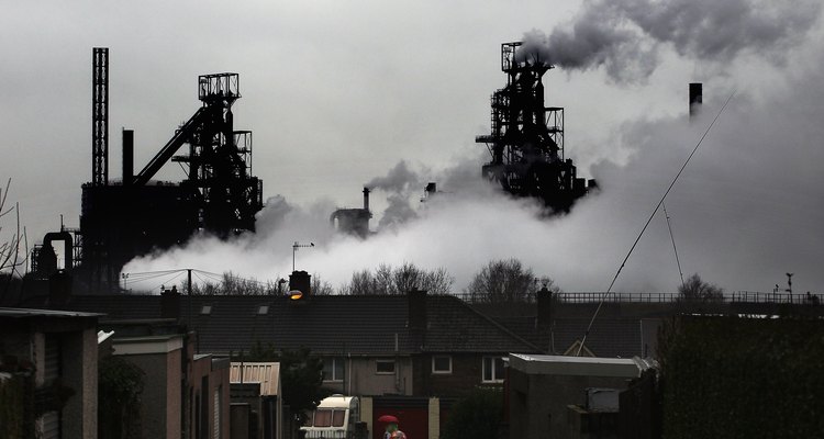 Air pollution rises from the steel works in Port Talbot, Wales.