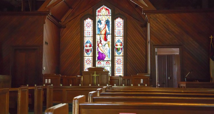 Wood Pews and Stained Glass in Small Church