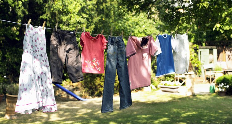 Laundry drying on string in garden