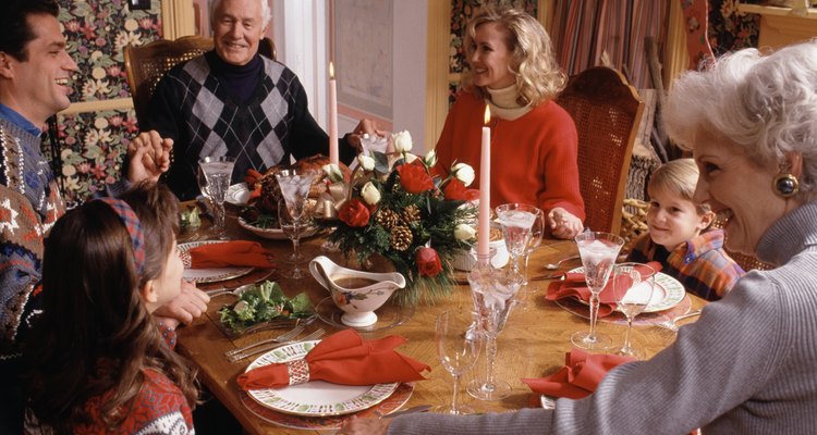 caucasian family at dinner table