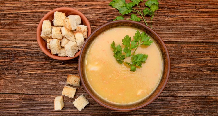 Pea soup with croutons.