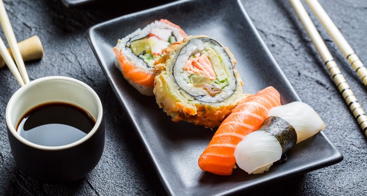 Close up of fresh sushi with soy sauce