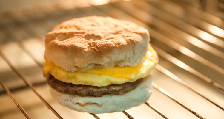 Biscuit, Sausage, egg & cheese. Breakfast sandwich cooking