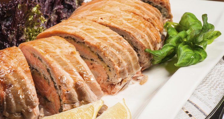 Salmon stuffed with cheese and mushrooms