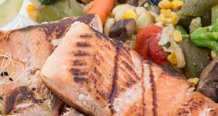 Close up of grilled salmon and vegetables
