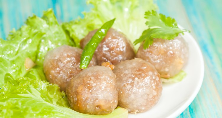 Tapioca Balls with Pork Filling and Paprika on Lettuce
