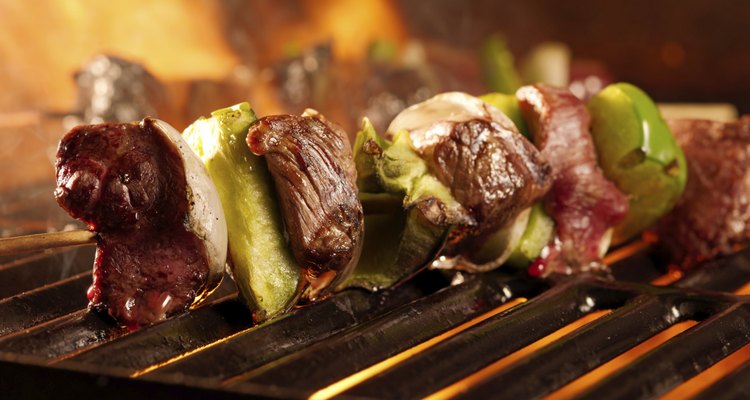 beef shishkababs on the grill close up