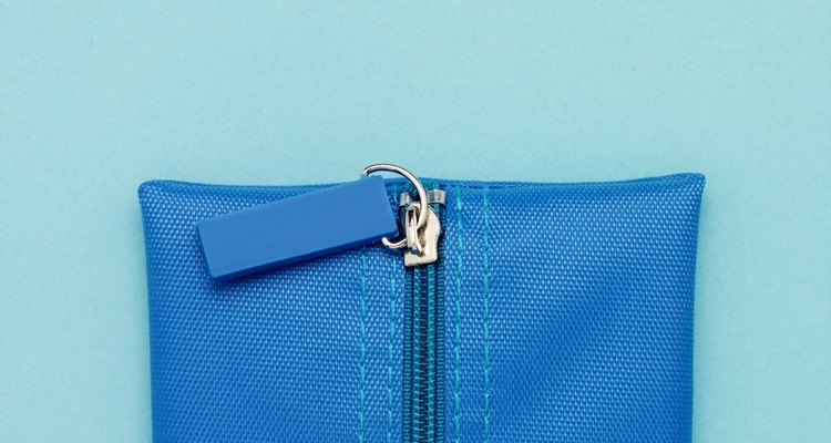 Blue canvas pencil case, section, close-up