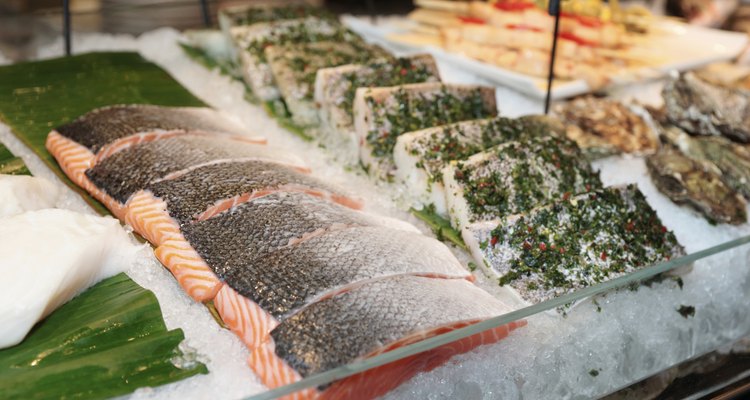 Fish steaks on market display