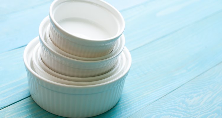 White Ramekin bowl on blue wooden board