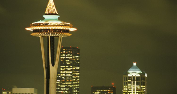 Heavily illuminated top of Space Needle building, Seattle, Washington, USA