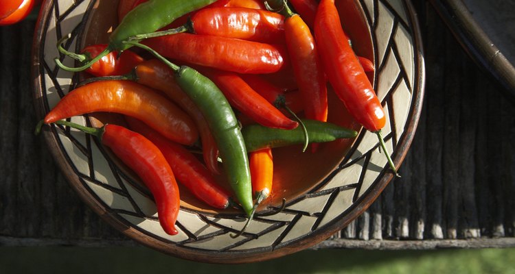 Bowl of hot peppers, elevated view