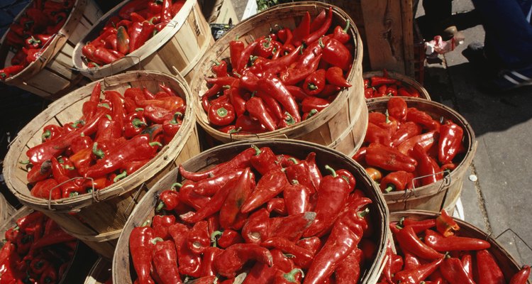 Red chilli peppers in buckets, Chile