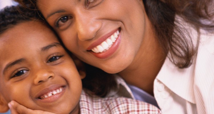 Mother and son posing and smiling, son leaning head against hand