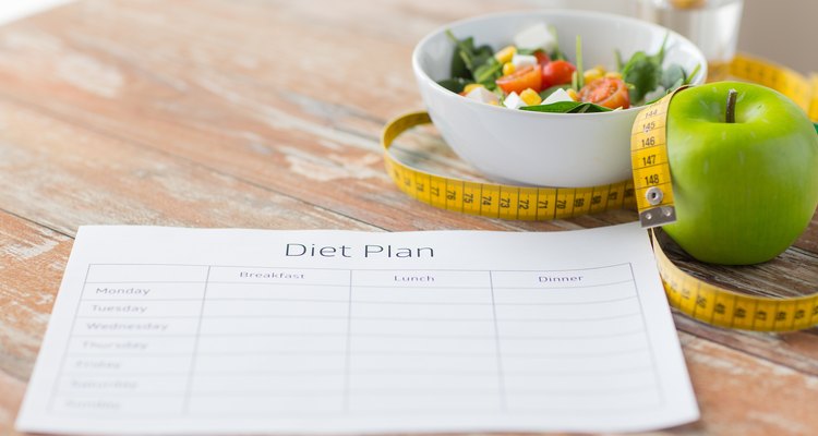 close up of diet plan and food on table