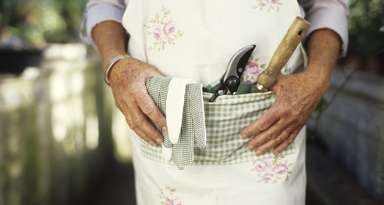 Senior woman with gardening tools in pocket of apron, mid section