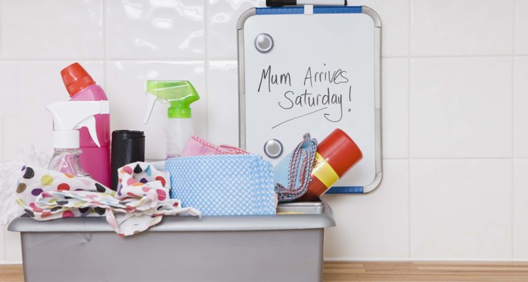 Bin of cleaning supplies