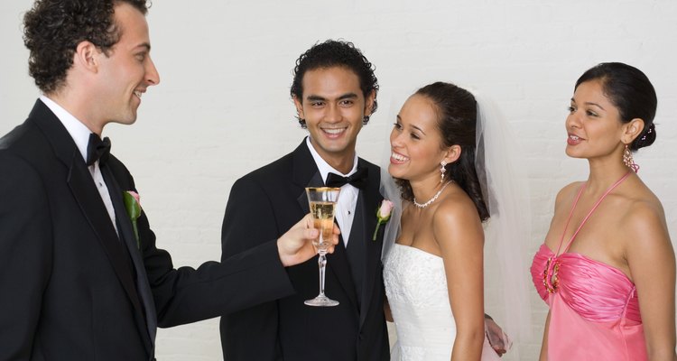 Best Man toasting bride and groom while woman looks on
