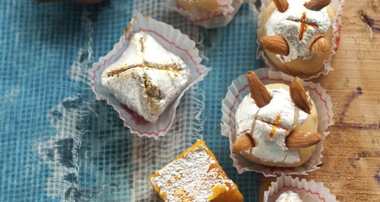 Indian Sweets spread over a traditional printed cloth