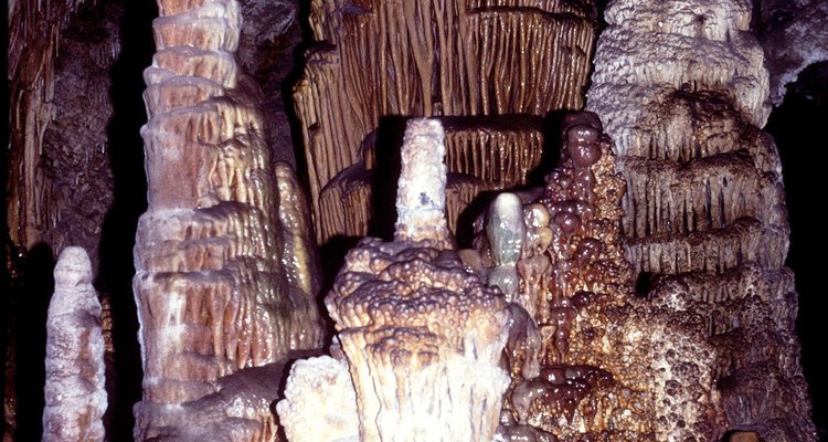 Limestone creates beautiful stalagmites in a cave environment.