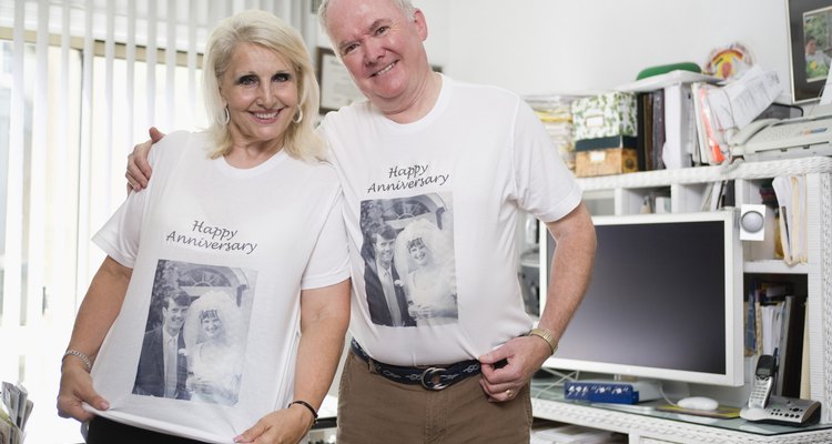 Senior couple wearing anniversary shirts