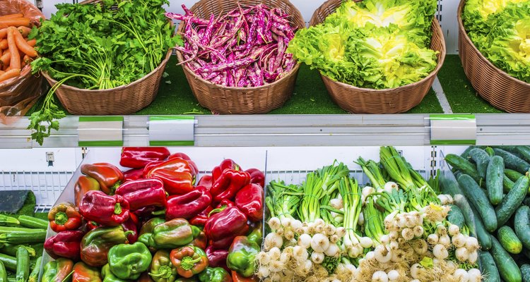 Fruits and vegetables on a supermarket shelf