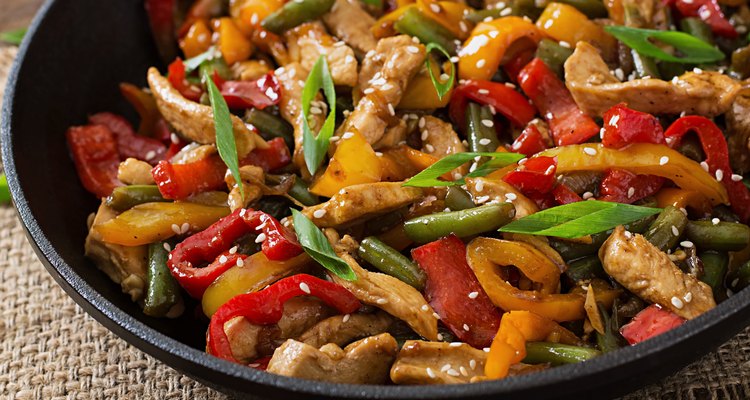 Stir fry chicken, sweet peppers and green beans