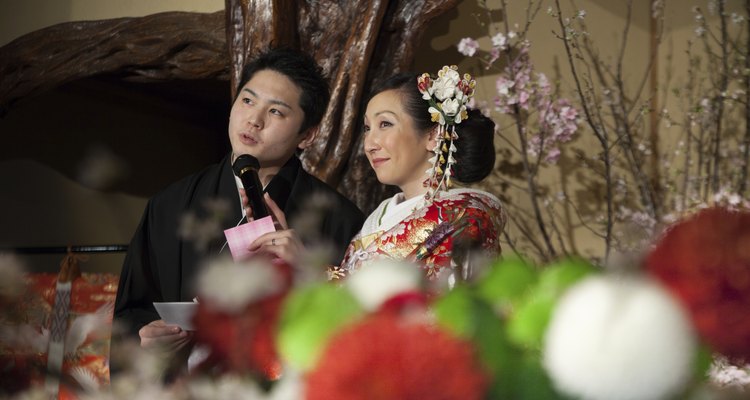 Happy Bride and Groom dressed up in Kimono