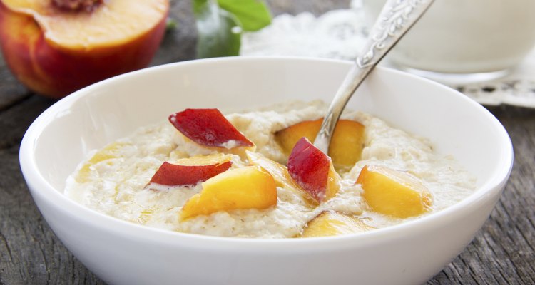 Breakfast, oatmeal with peaches.