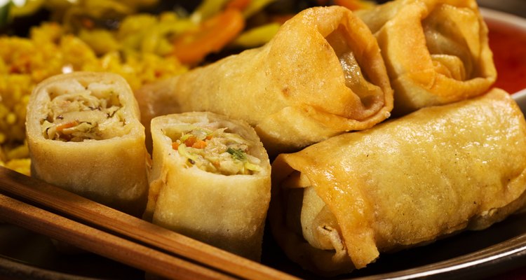 Baked spring rolls with deep, vegetables and rice.