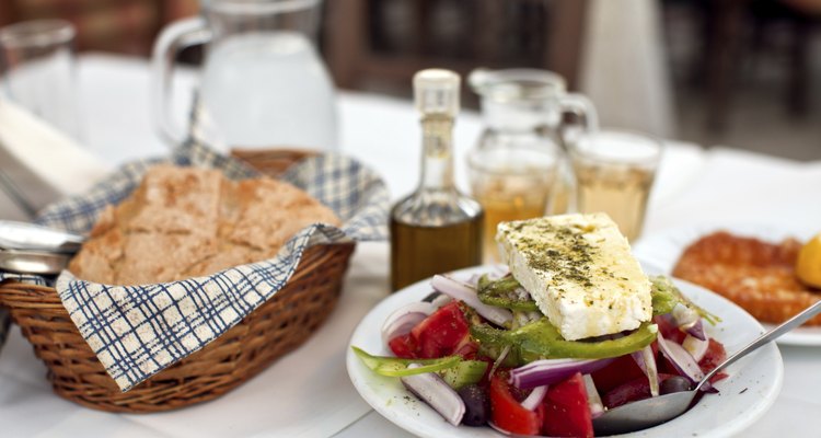 Greek salad with country bread and home made white wine
